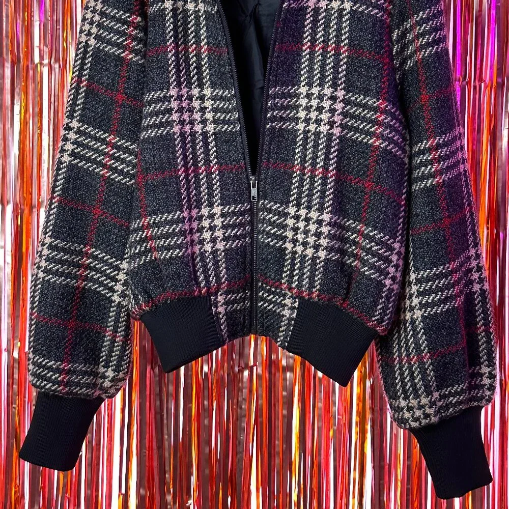 Express x Negin Mirsalehi Plaid Cropped Bomber Jacket - Picture 2 of 6